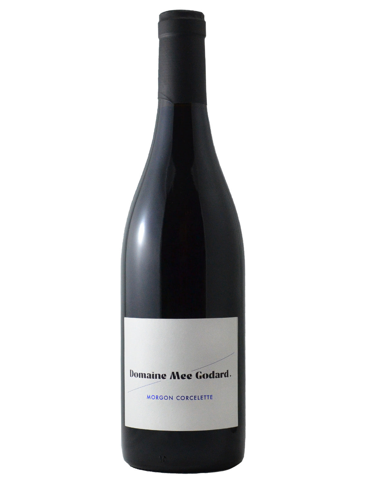 A bottle of Domaine Mee Godard Morgon Corcelette 2021 wine with a label that includes the wine region and the name of the domaine in black and blue text. Black capsule. All set against plain white background.