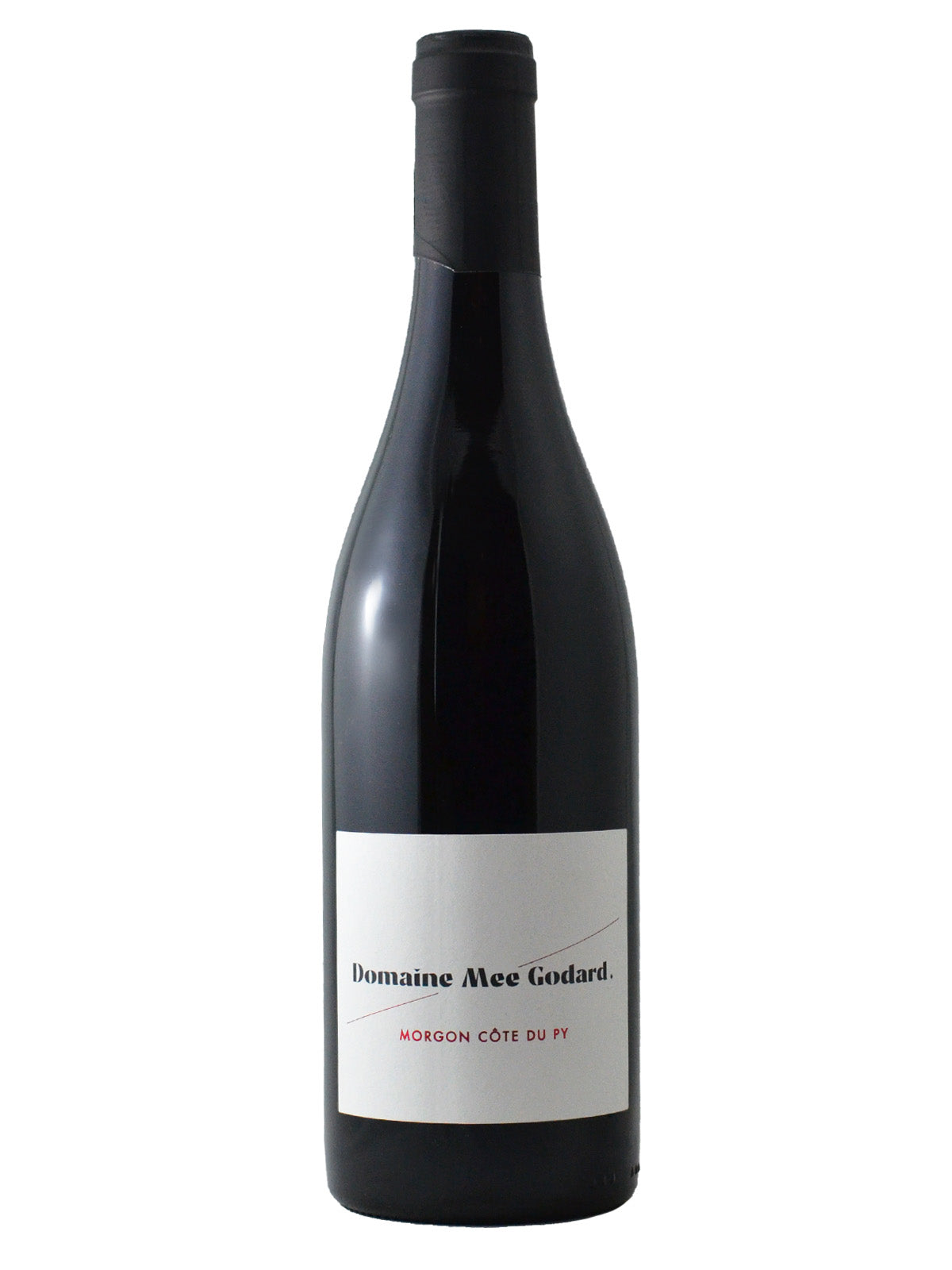 A bottle of Domaine Mee Godard Morgon Côte de Py 2021 wine with a white label and basic wine info (winemaker, region) in black and red text. Black capsule. All set against a white background.