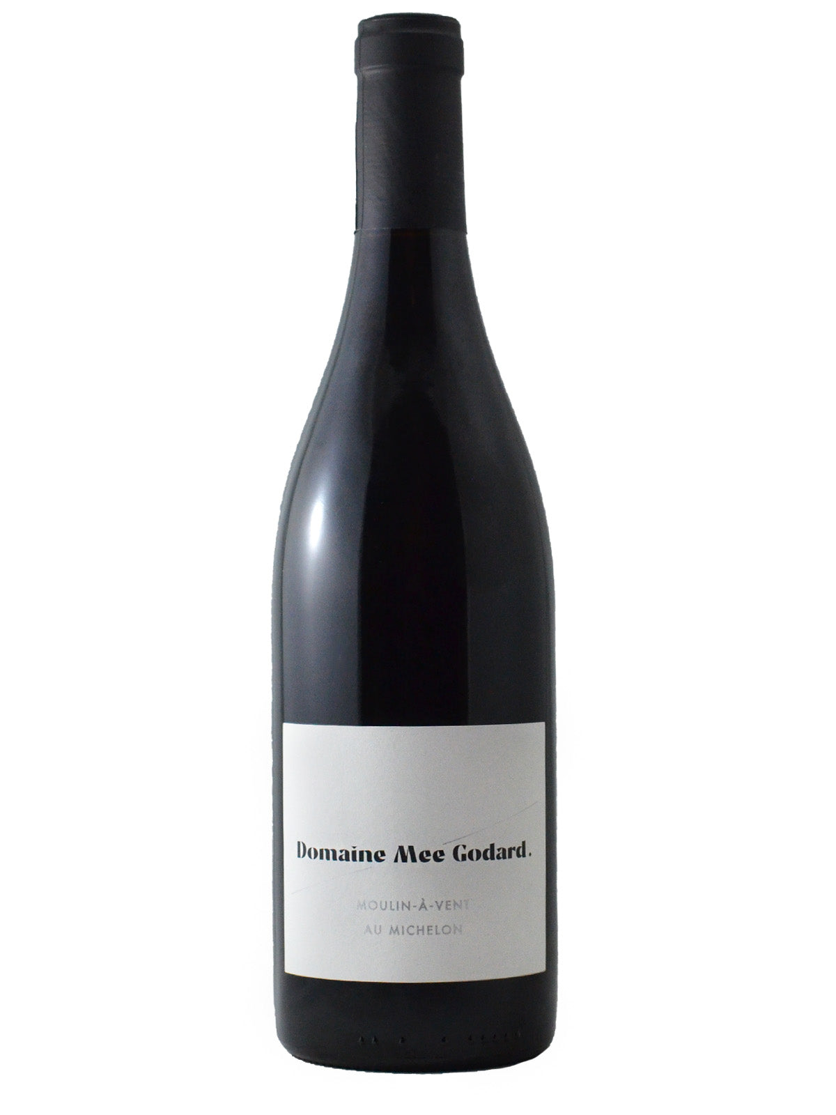 A bottle of Domaine Mee Godard Moulin à Vent Au Michelon 2021 wine with a simple white label displaying the domaine name and region and wine name. Black capsule. All set against white background.