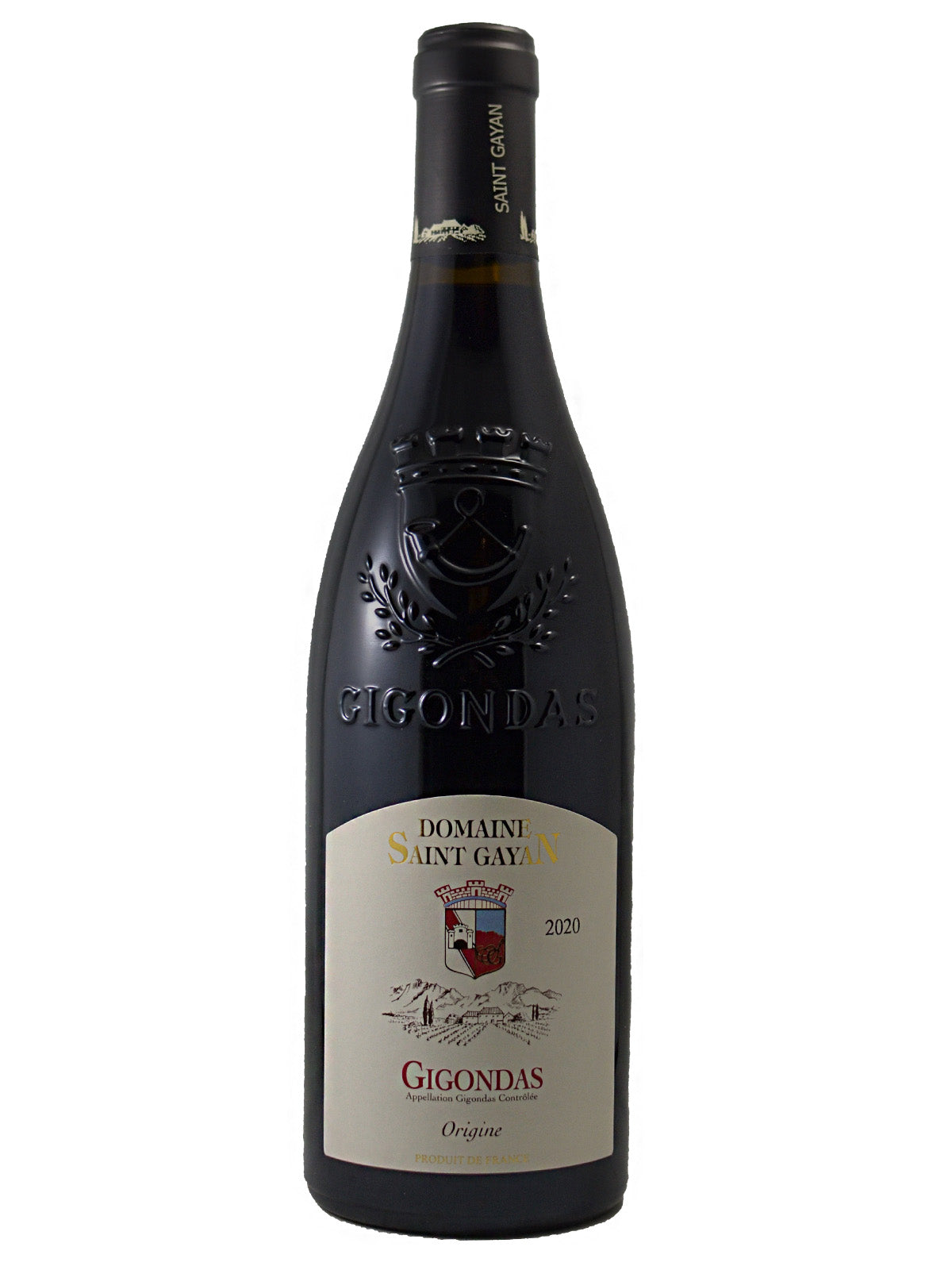 A bottle of Domaine Saint-Gayan Gigondas red wine, featuring a dark glass bottle with an embossed crest and a classic cream-colored label with a drawing of a vineyard/chateau against a mountain range and a coat-of-arms. Black capsule. All set against a white background.