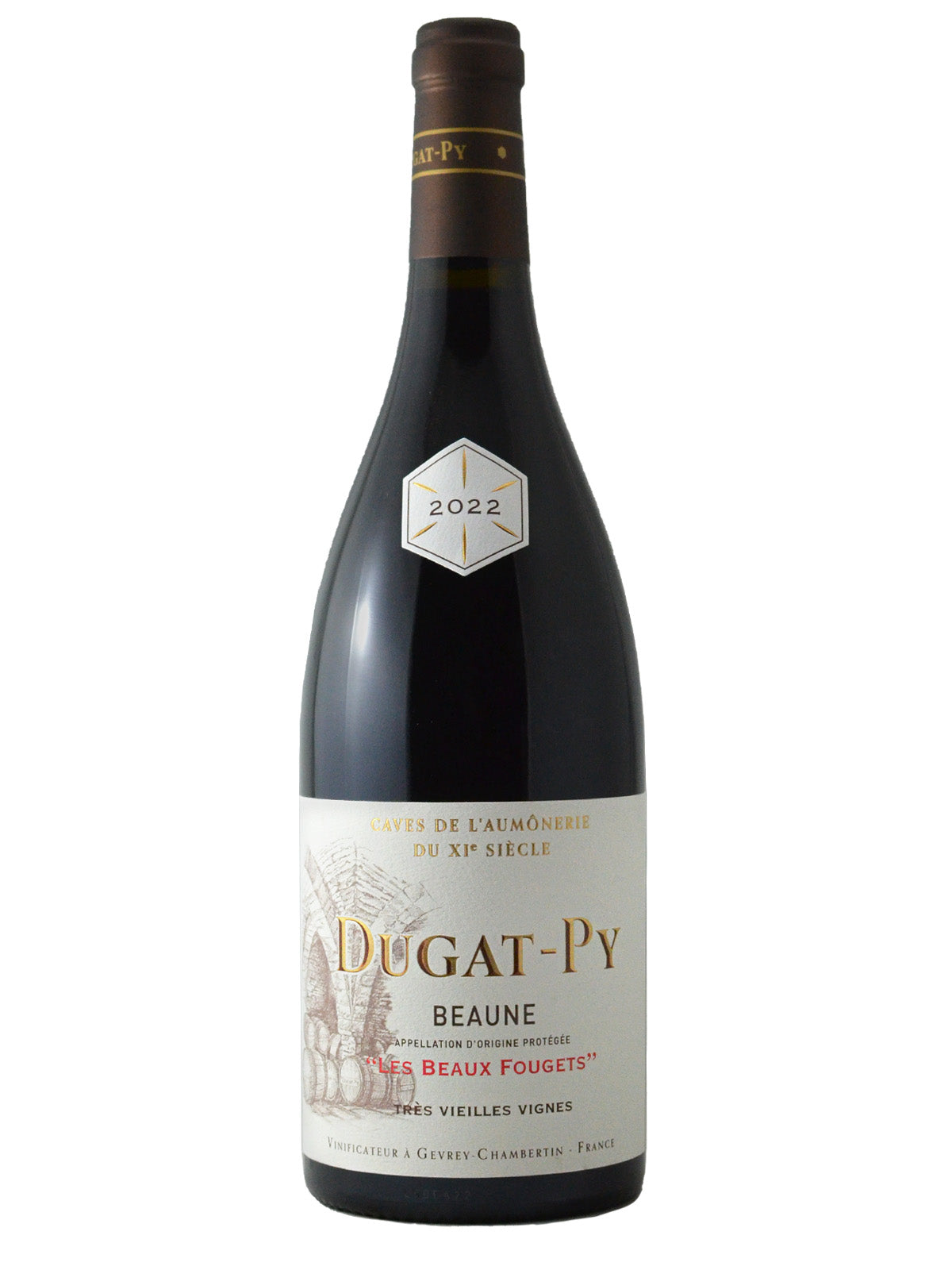 Bottle of Dugat-Py Beaune 'Les Beaux Fougets' wine with a label indicating it is a product of the Cote-de-Beaune, Burgundy, France, and that it is a Premier Cru.