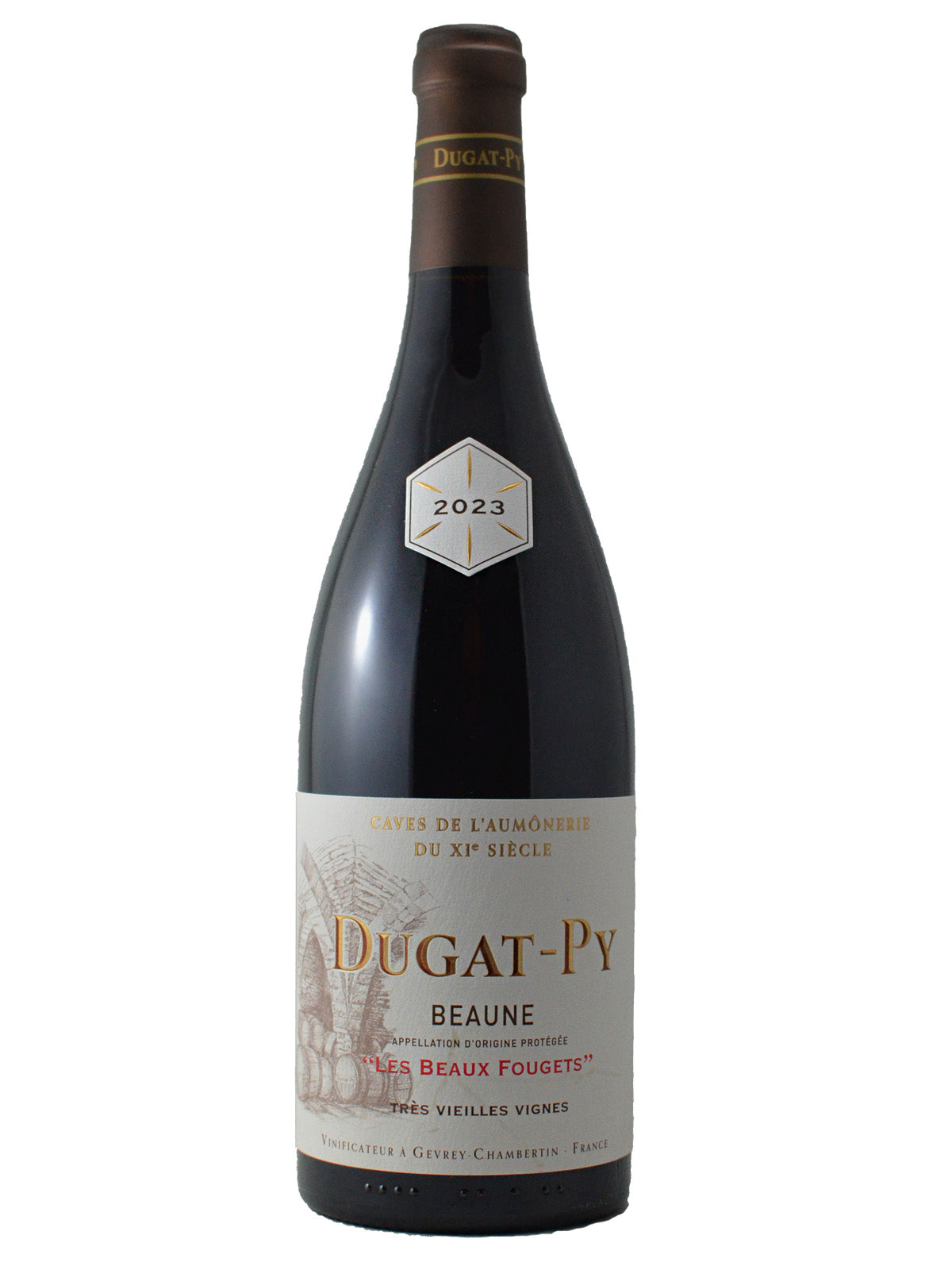 Wine bottle with Dugat-Py label on a white background. Additional main label text includes 'Beaune - Les Beaux Fougets' - Tres Vielles Vignes'. Neck label indicates '2023'. Brown enclosure (cork).