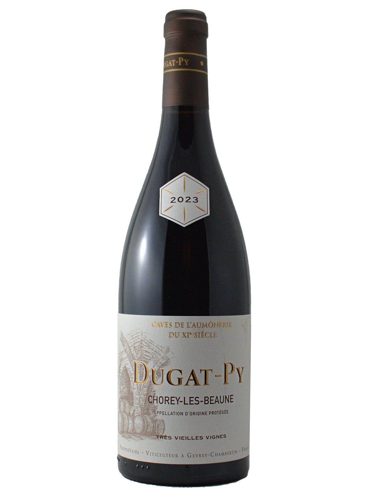 Burgundy wine bottle with '2023' neck label and white main label with 'Dugay-Py' in large gold letters. Also includes the main text 'Chorey-Les-Beaune' and 'Tres Vielles Vignes'.
