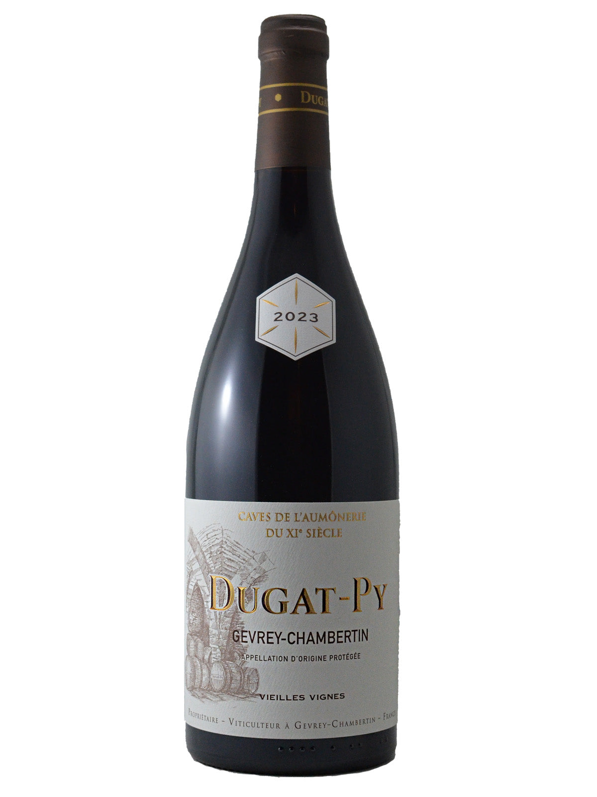 Burgundy wine bottle with Dugat-Py label on a white background. Additional main label text includes 'Gevry-Chambertin' & 'Vielles Vignes'. A neck label indicates a 2023 vintage. Brown enclosure/capsule (over cork).