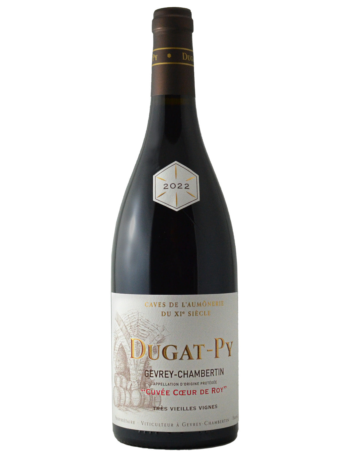 A bottle of Dugat-Py Gevrey-Chambertin 'Coeur de Roy' Pinot Noir wine with a label displaying the brand, vintage, and other details, set against a plain background.
