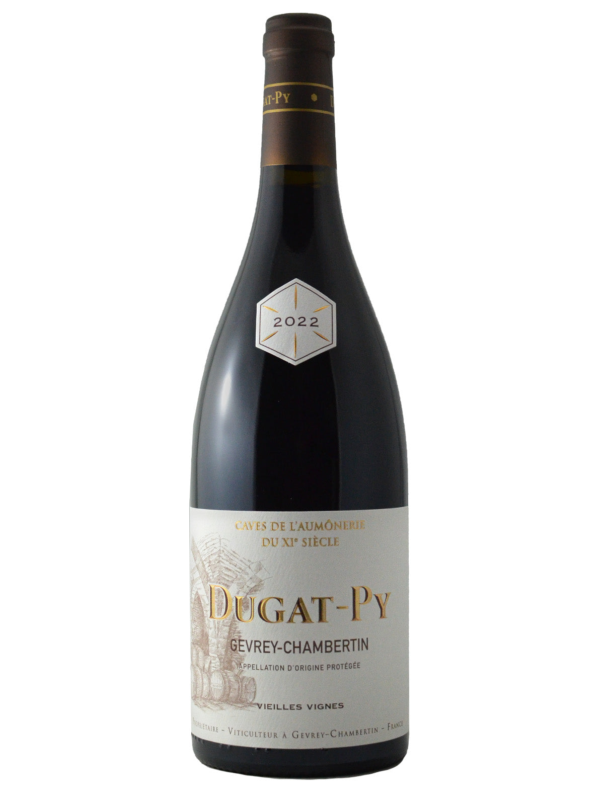 A bottle of Dugat-Py Gevrey-Chambertin wine with a label that includes the brand name and vintage year.