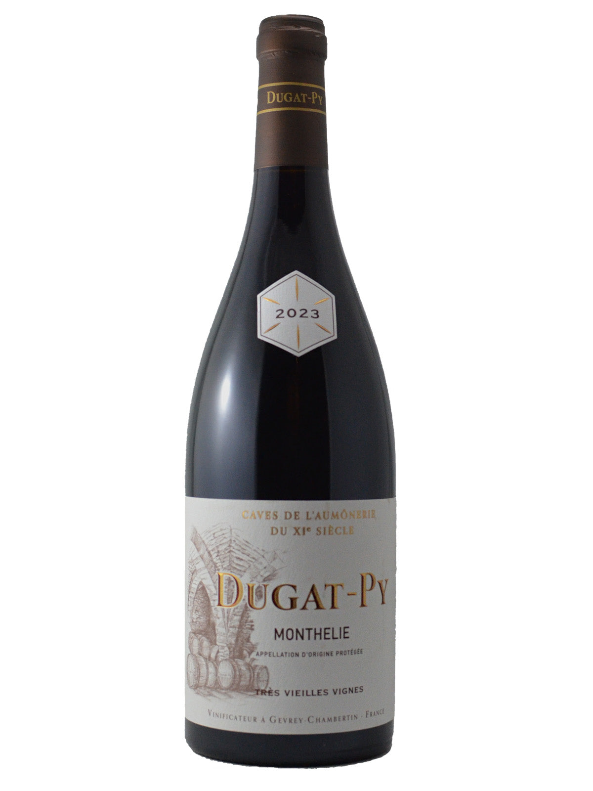Wine bottle with 'Dugat-Py' label on a white background. Main label also includes the text 'Monthelie' and 'Tres Vielles Vignes'. Neck label indicates a '2023' vintage. Brown enclosure (cork).