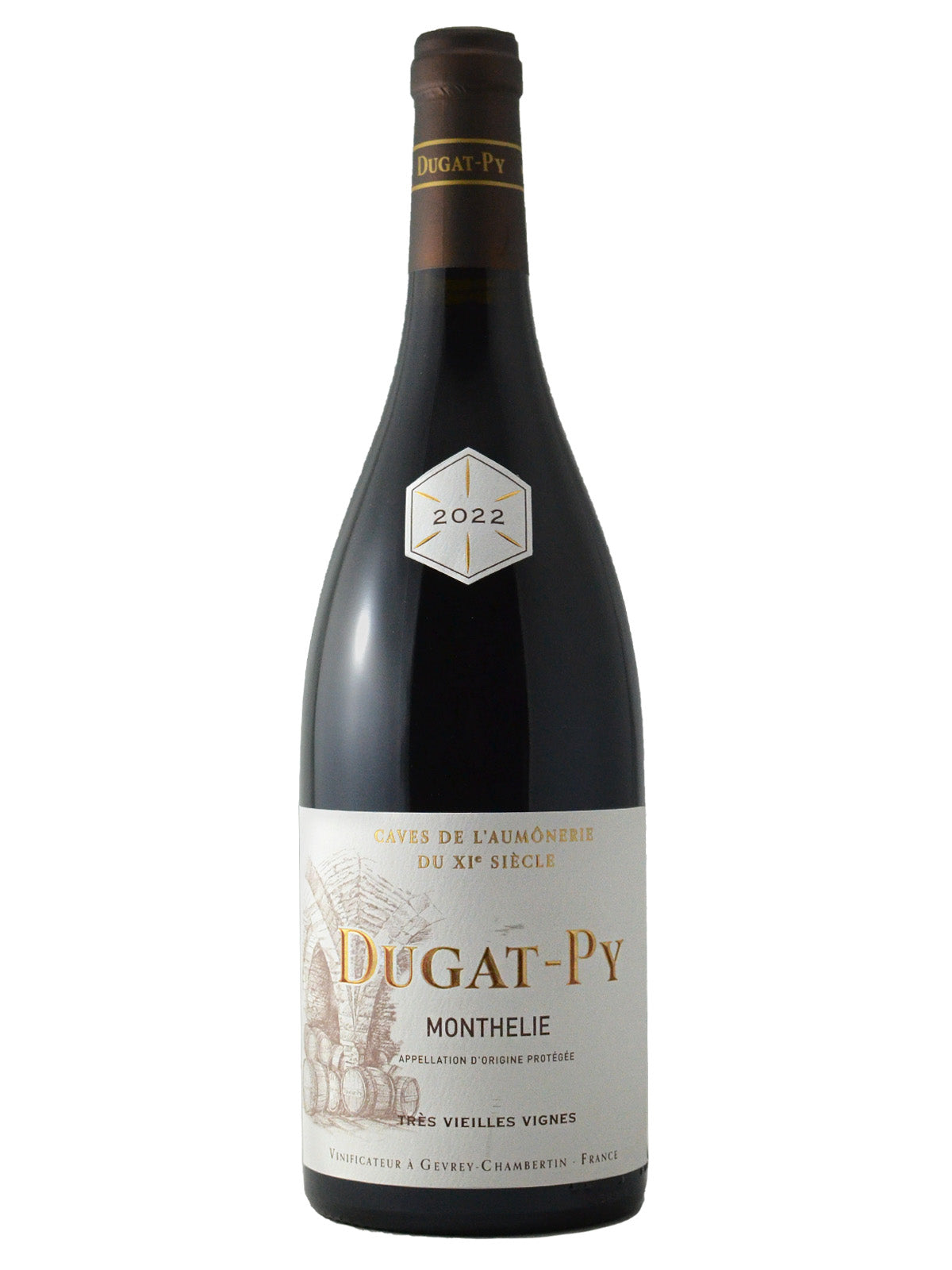 A bottle of Dugat-Py Monthelie Trêpes Vieilles Vignes 2022 wine with a label indicating it is an organic product from Burgundy, France.