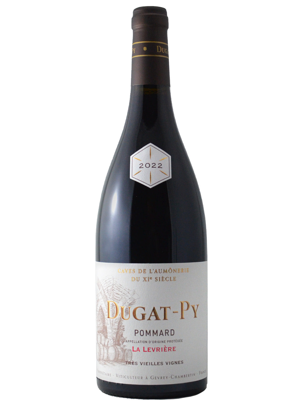 A bottle of Dugat-Py Pommard 'La Levrière' wine with a label indicating it is a 2022 vintage from Burgundy, France.