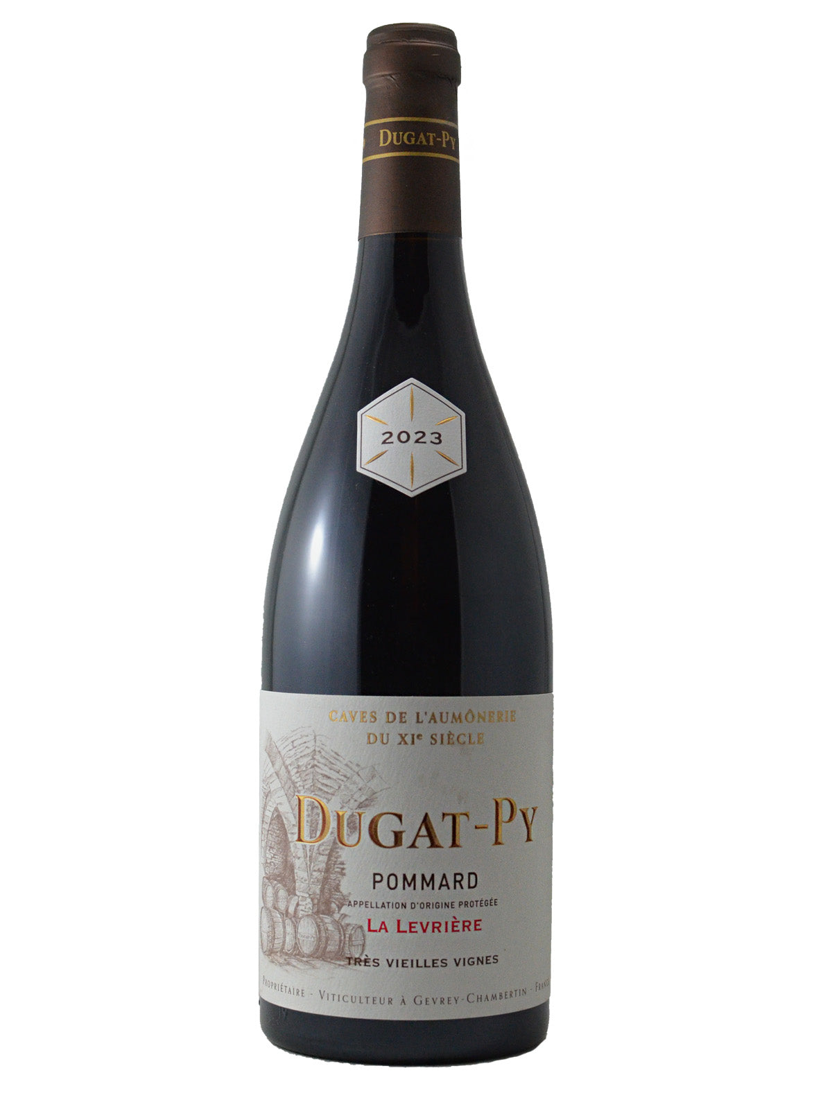 Wine bottle with Dugat-Py label on a white background. Additional main text on label reads 'Pommard - La Levriere - Tres Vielles Vignes'. Neck label reads '2023'. Brown capsule enclosure (cork).