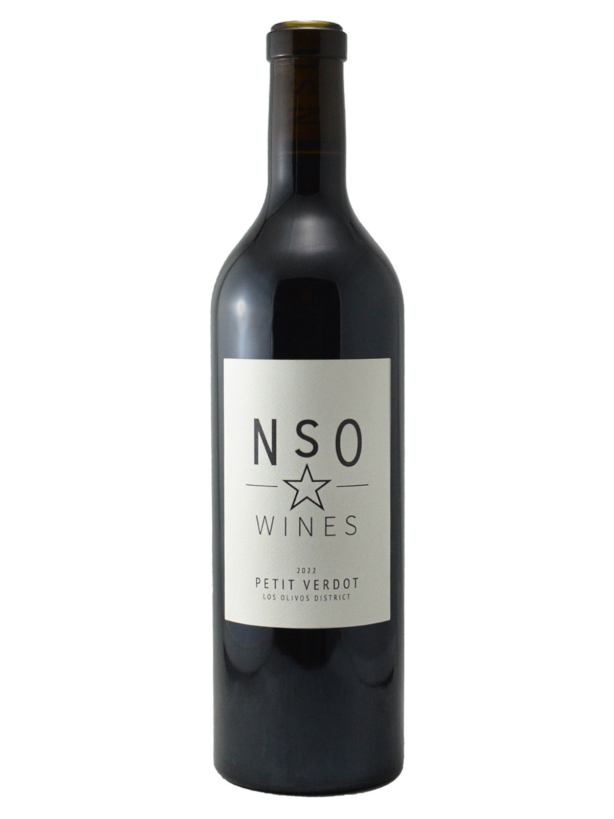 A bottle of Dusty Nabor NSO Petit Verdot Los Olivos District wine with a white label on a dark background.