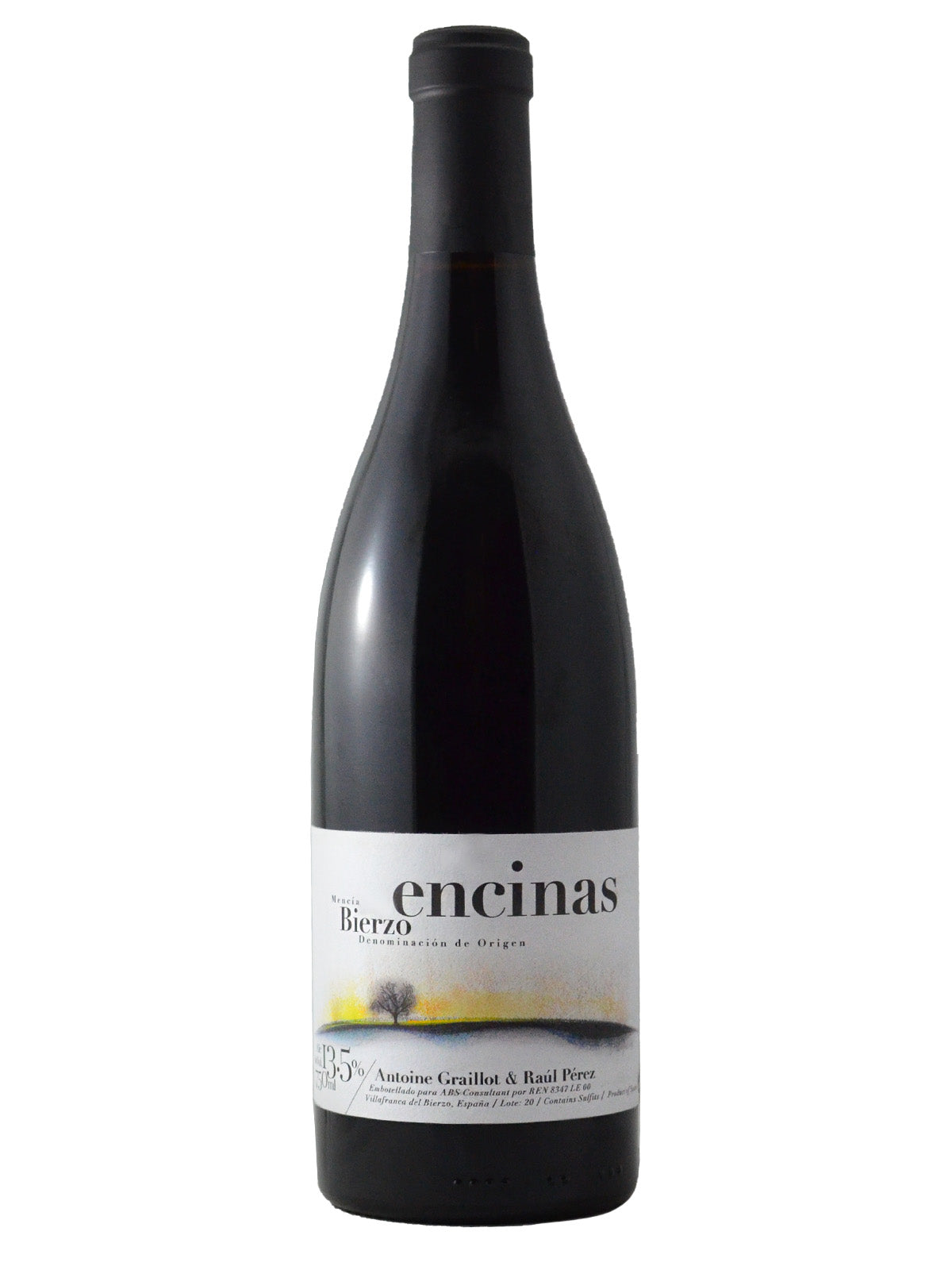 A bottle of Antoine Graillot and Raúl Pérez 'Encinas' Mencia wine from Bierzo, Spain. White label with a tree set against a sunset on the horizon in a watercolour style. Black capsule enclosure. All set against a plain white background.
