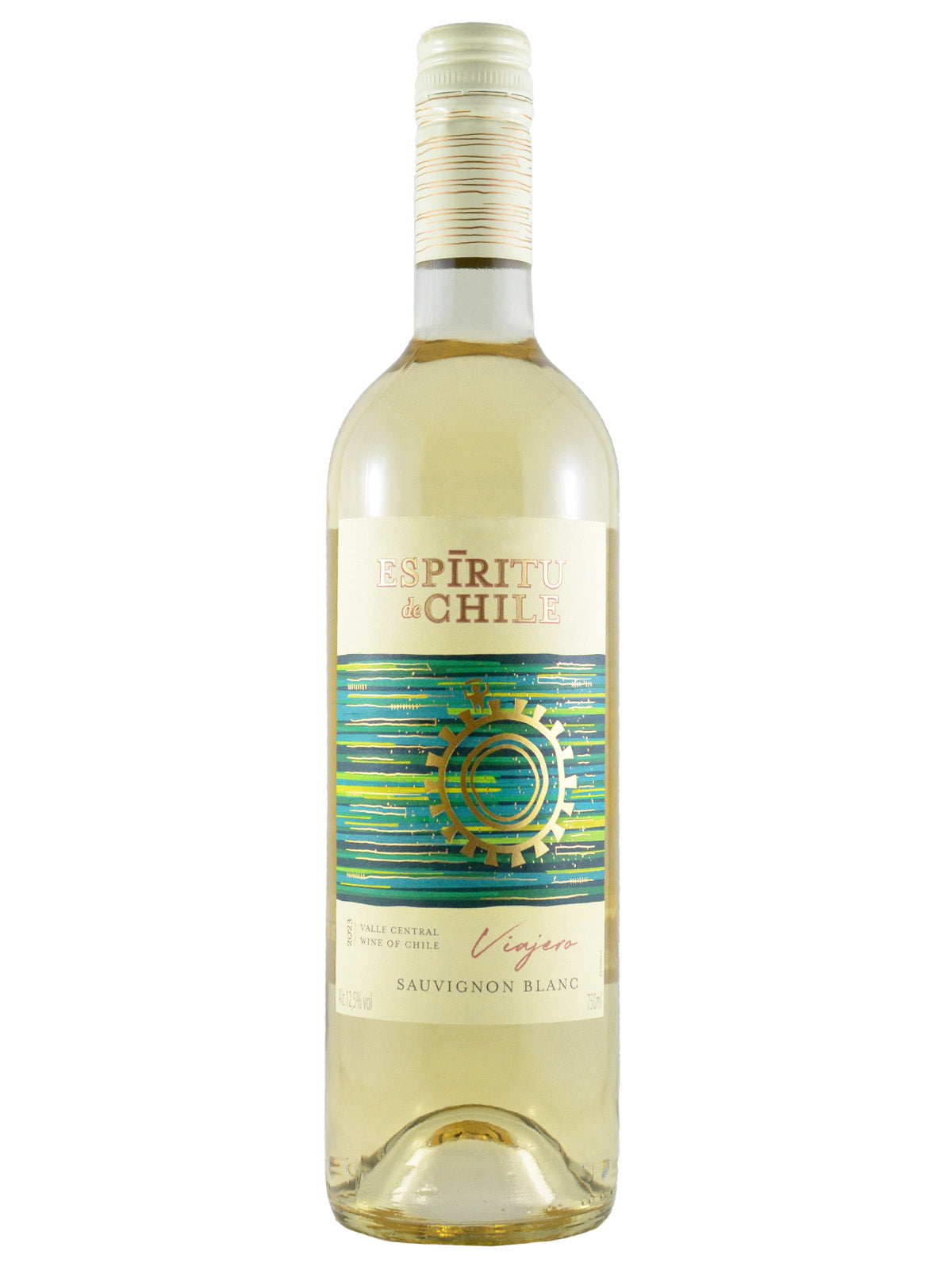 Bottle of Espiritu de Chile Sauvignon Blanc white wine with a label featuring a colorful striped pattern. Cream-coloured screw cap enclosure.