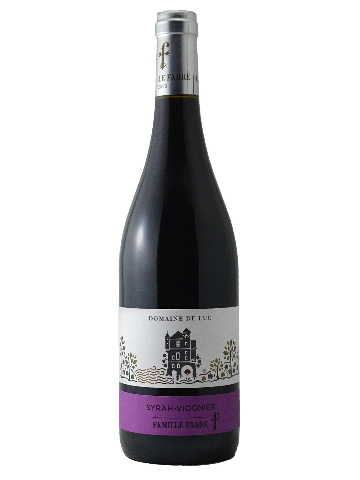 A bottle of Famille Fabre 'Domaine de Luc' Syrah Viognier wine with a label that includes the wine variety and 'Corbieres, France'.