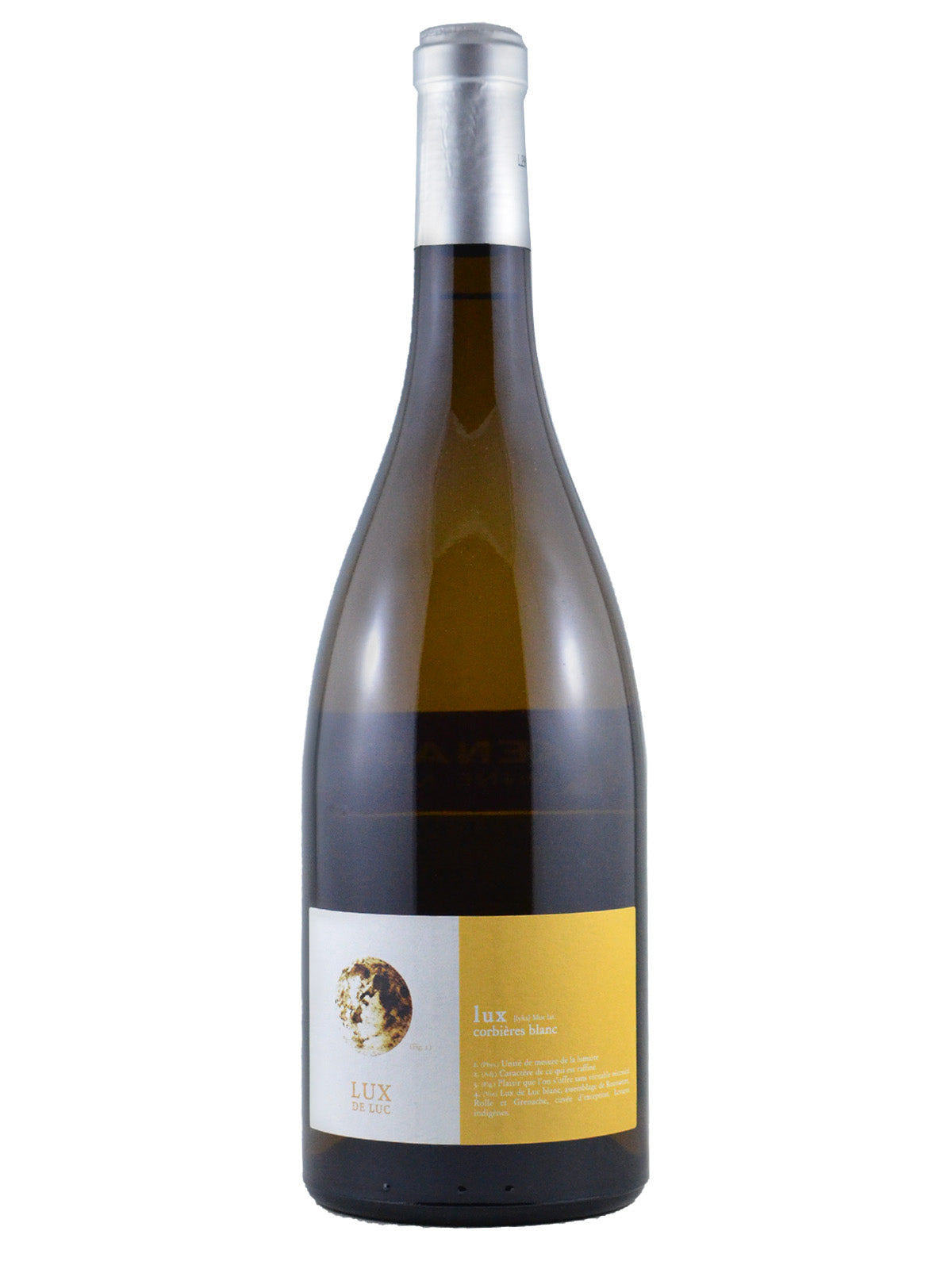 Bottle of Famille Fabre 'Lux de Luc' White wine with a label that has yellow and gold accents on a white background.