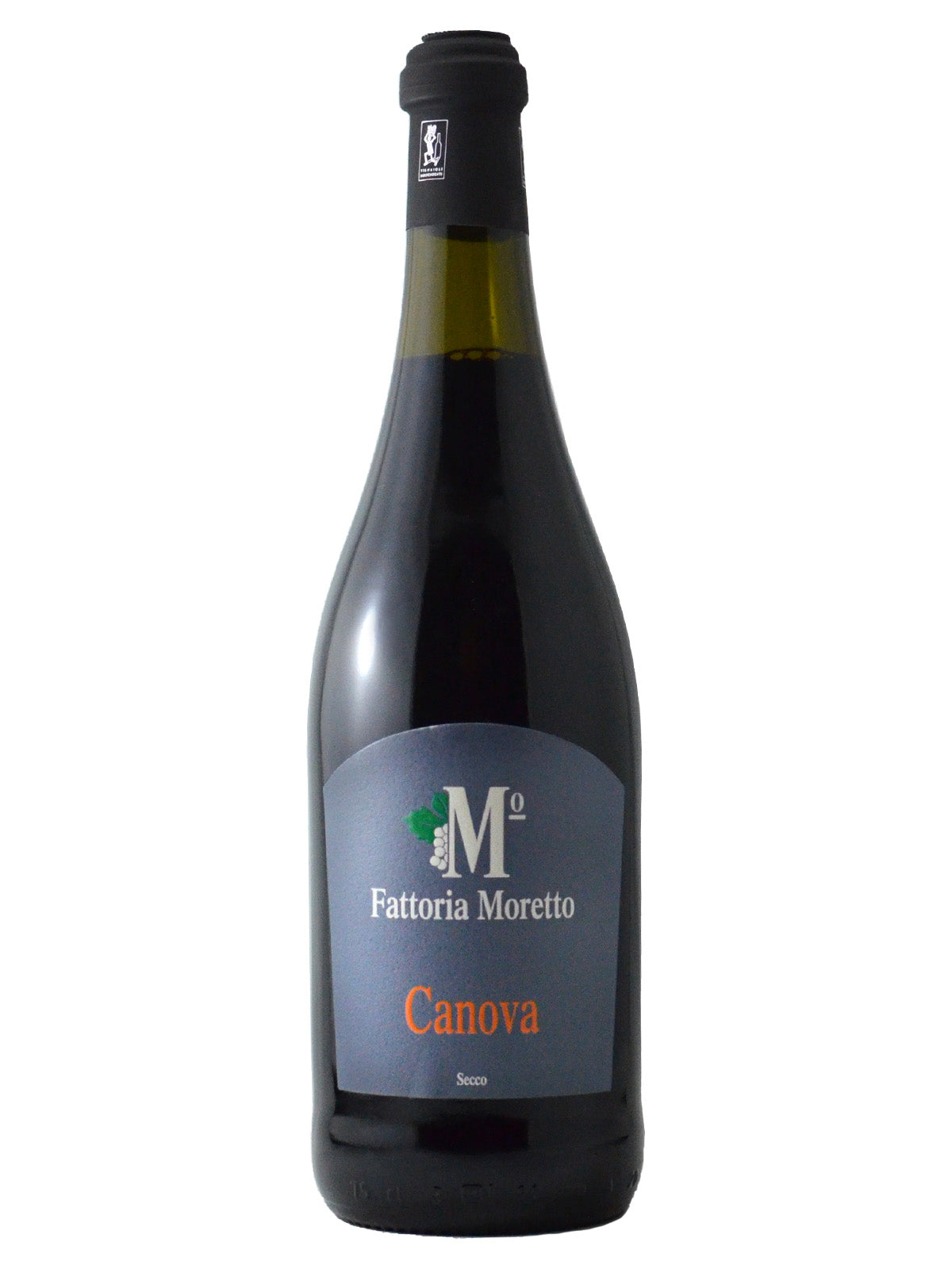 Bottle of Fattoria Moretto Canova red Lambrusco, blue label/white & red text, black capsule, all against white background