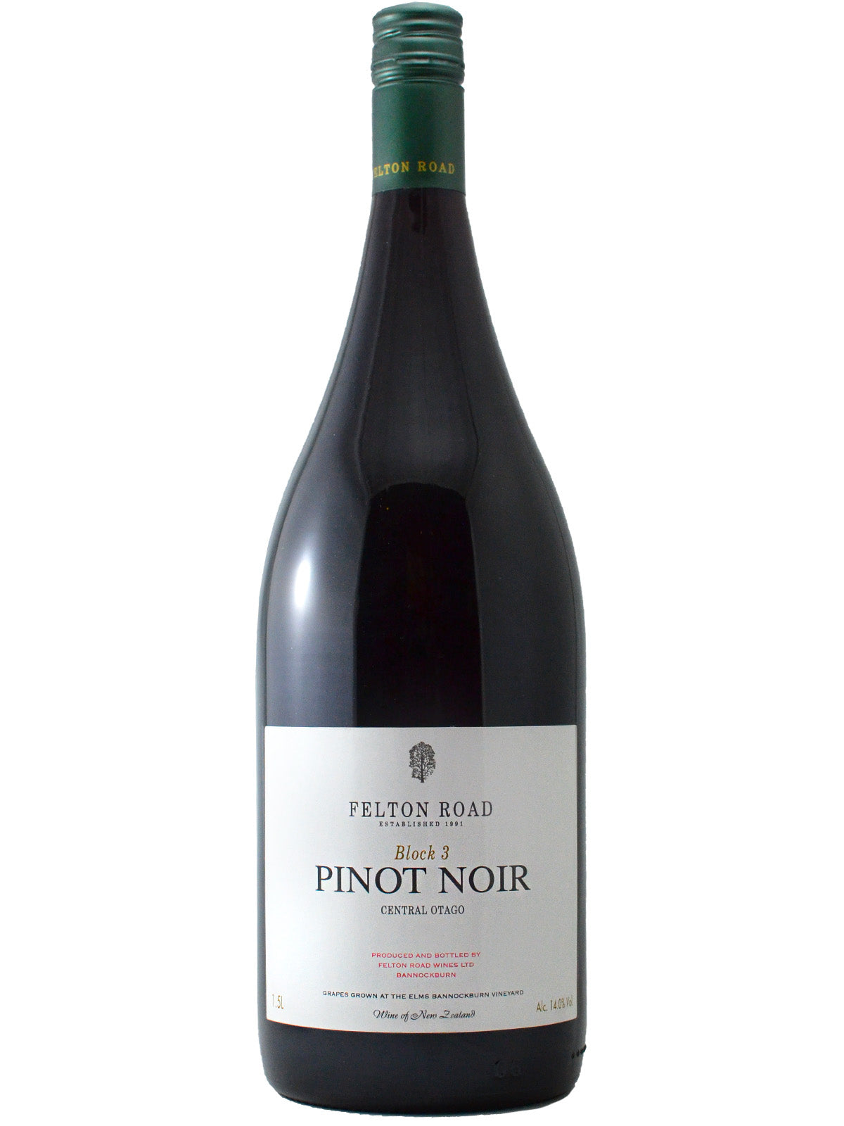 Bottle of Felton Road Pinot Noir wine with white label visible showing variety and brand in simple text. Dark green screw cap enclosure. All on plain white background.