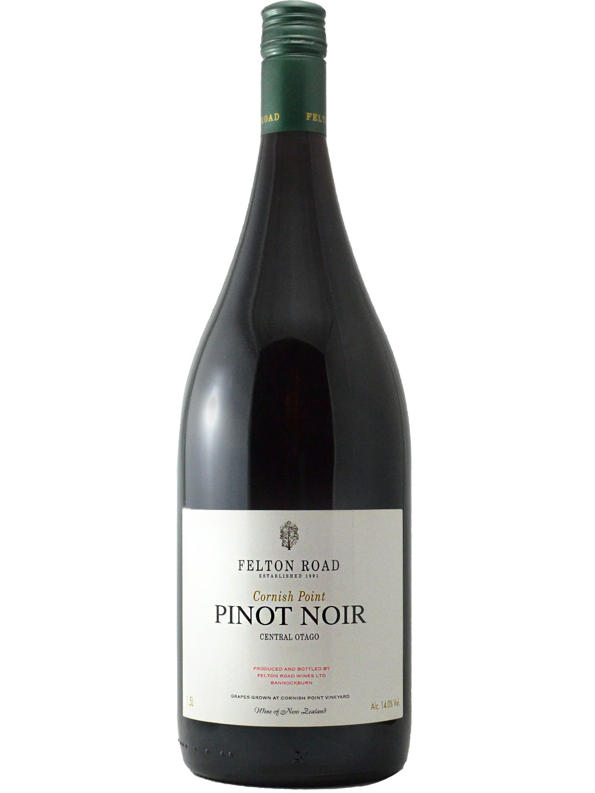 Magnum (1.5l size) bottle of Felton Road Cornish Point Pinot Noir from Bannockburn, Central Otago, NZ. Simple white label with important text in black, red and gold. Dark green screw cap enclosure. All on plain white background.