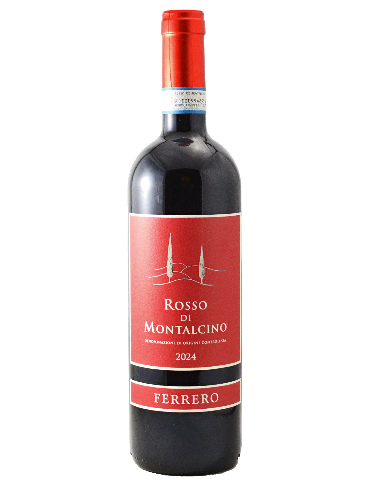 A bottle of Ferrero Rossi di Montalcino Sangiovese with a red label featuring an illustration of tall trees, the producer's name, and vintage year in silver font.