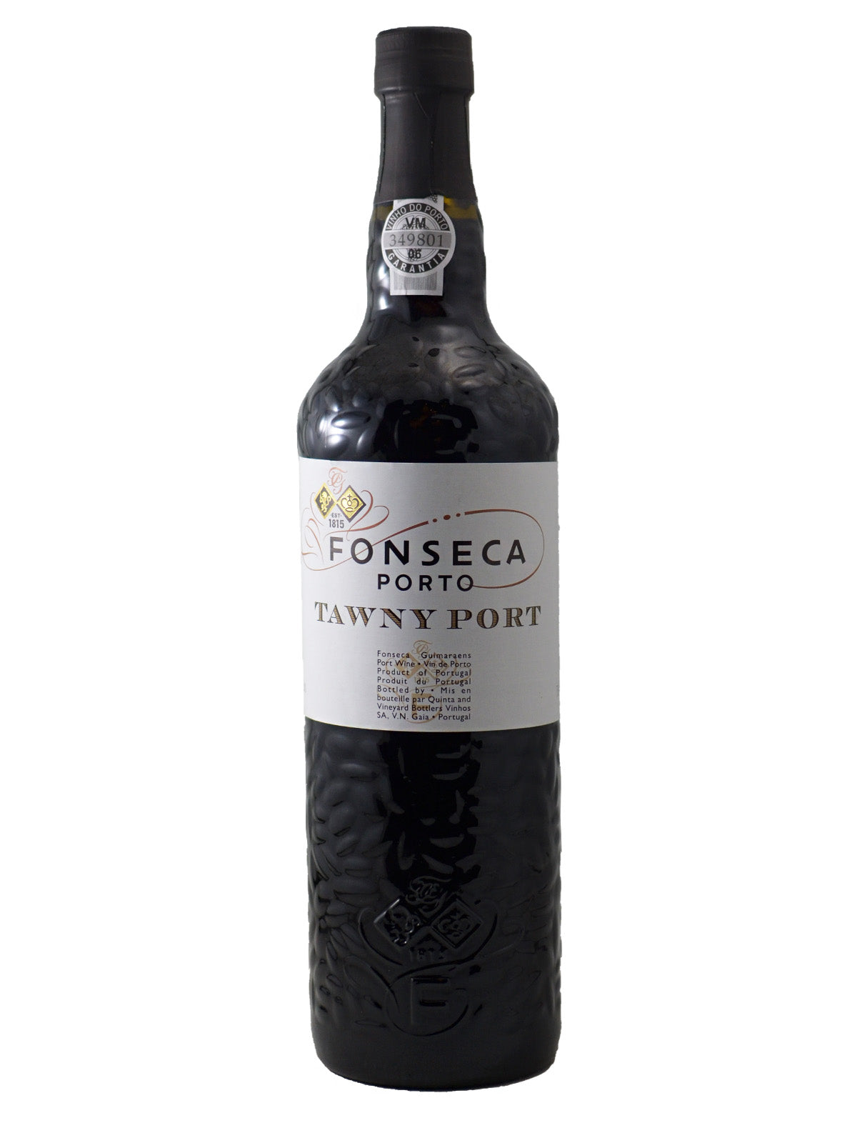 A bottle of Fonseca Porto Tawny Port wine, featuring a dark glass bottle with a textured lower half, a white label with gold & black lettering, and a black capsule seal, set against a plain white background.