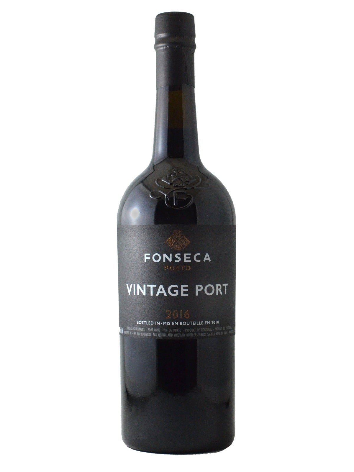 A bottle of Fonseca Vintage Port 2016 wine with a dark label.
