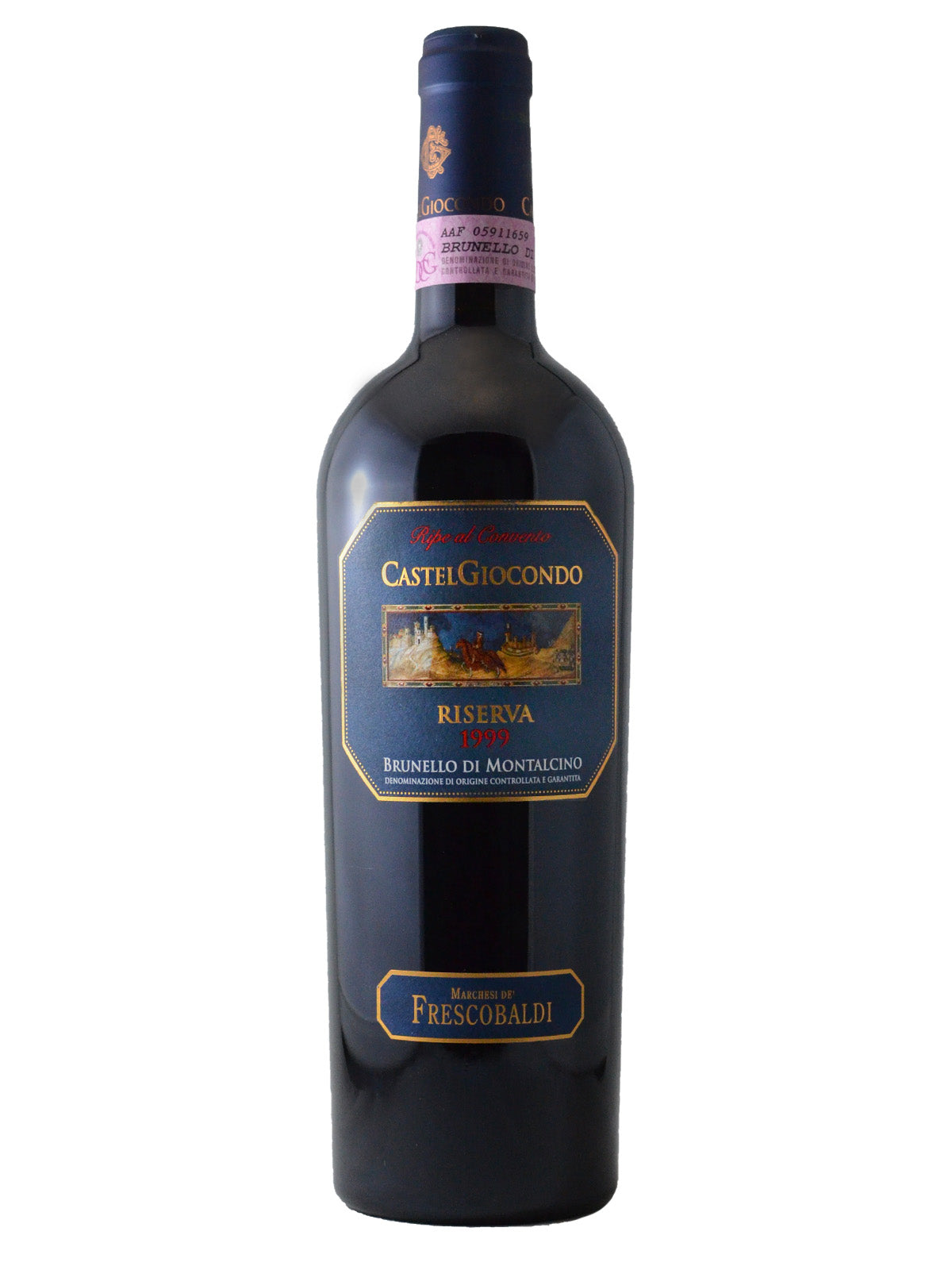 A bottle of red wine with a blue label and gold & red text with CastelGiocondo Riserva Brunello Di Montalcino 1999 from Marchesi Frescobaldi. Blue capsule with pink paper DOCG label on top. All against white background.