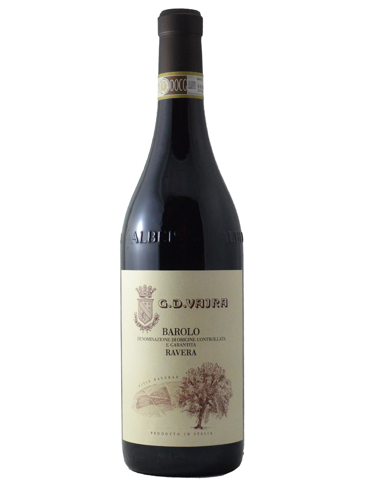 Bottle of G.D. Vajra Ravera Barolo 2019 wine with label visible showing the brand and 'Barolo' text. Has some etched line art of a tree. Dark brown-almost back enclosure. DOCG paper label on neck below capsule surrounding neck. All set against white background.