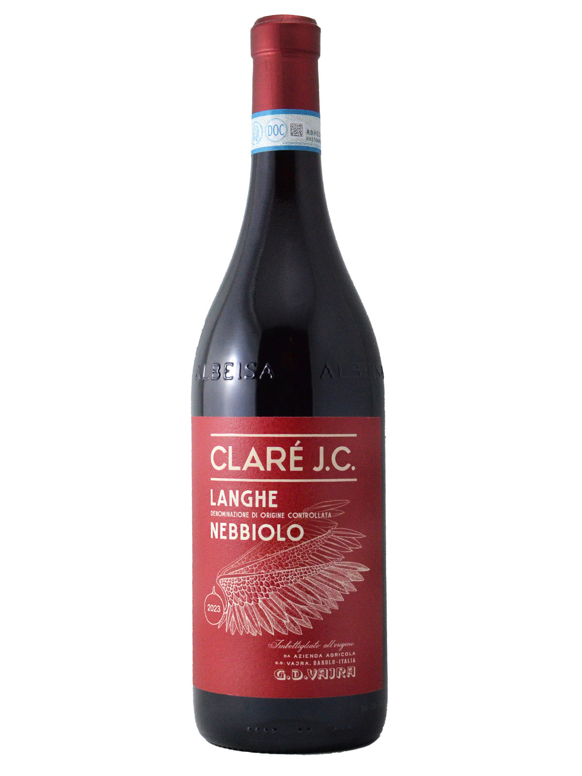 Bottle of G.D. Vajra 'Clare JC' Nebbiolo wine from Langhe in northern Italy with a red label and white text. Red capsule enclosure over cork, above DOC paper surround on neck.