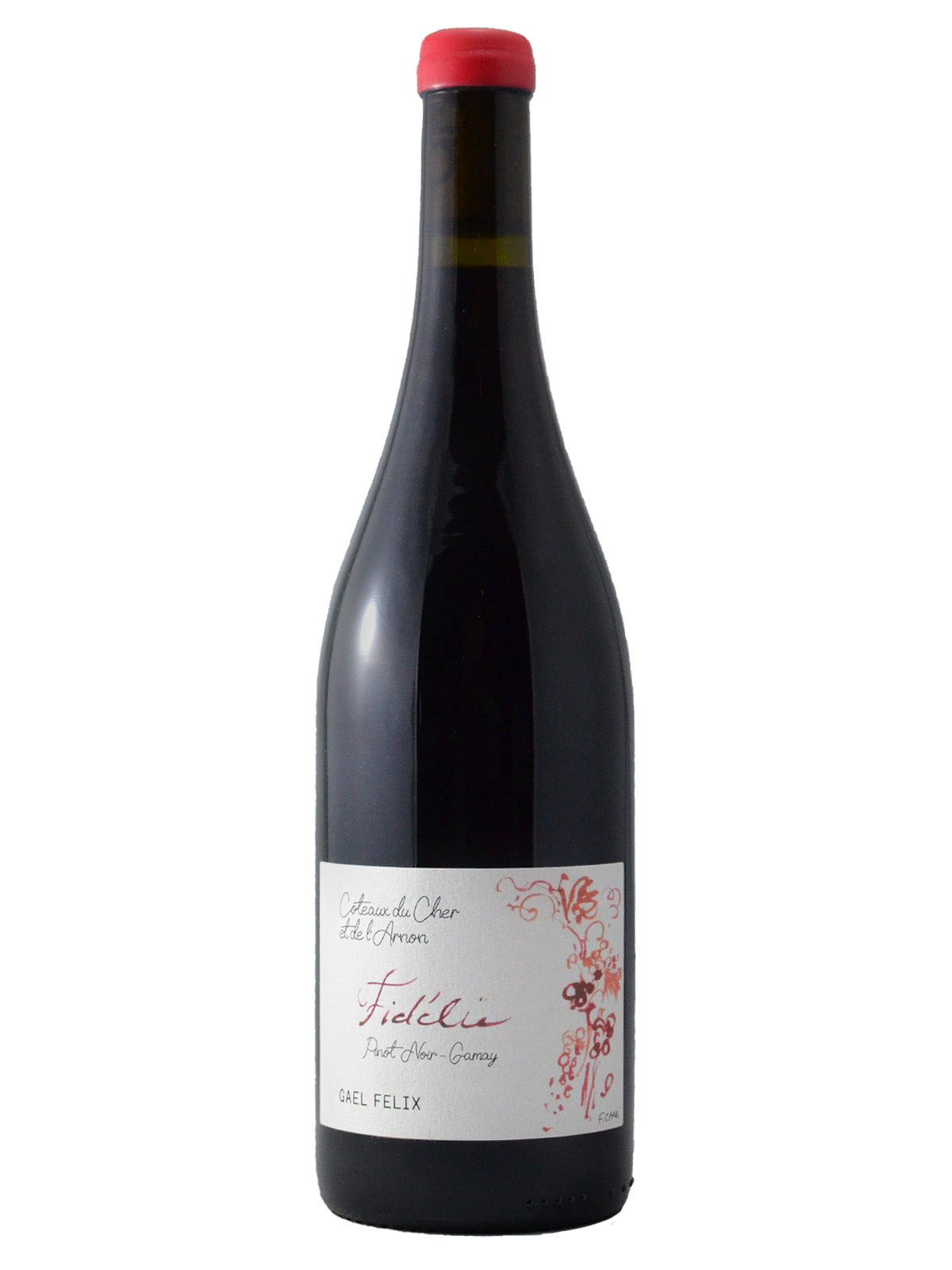 A bottle of Domaine Gael Felix Fídlie Pinot Noir Gamay wine with a red cap on a white background. The label features a red-pink scribbled-flower motif next to 'handwritten' style text, although GAEL FELIX is in block capital letters.