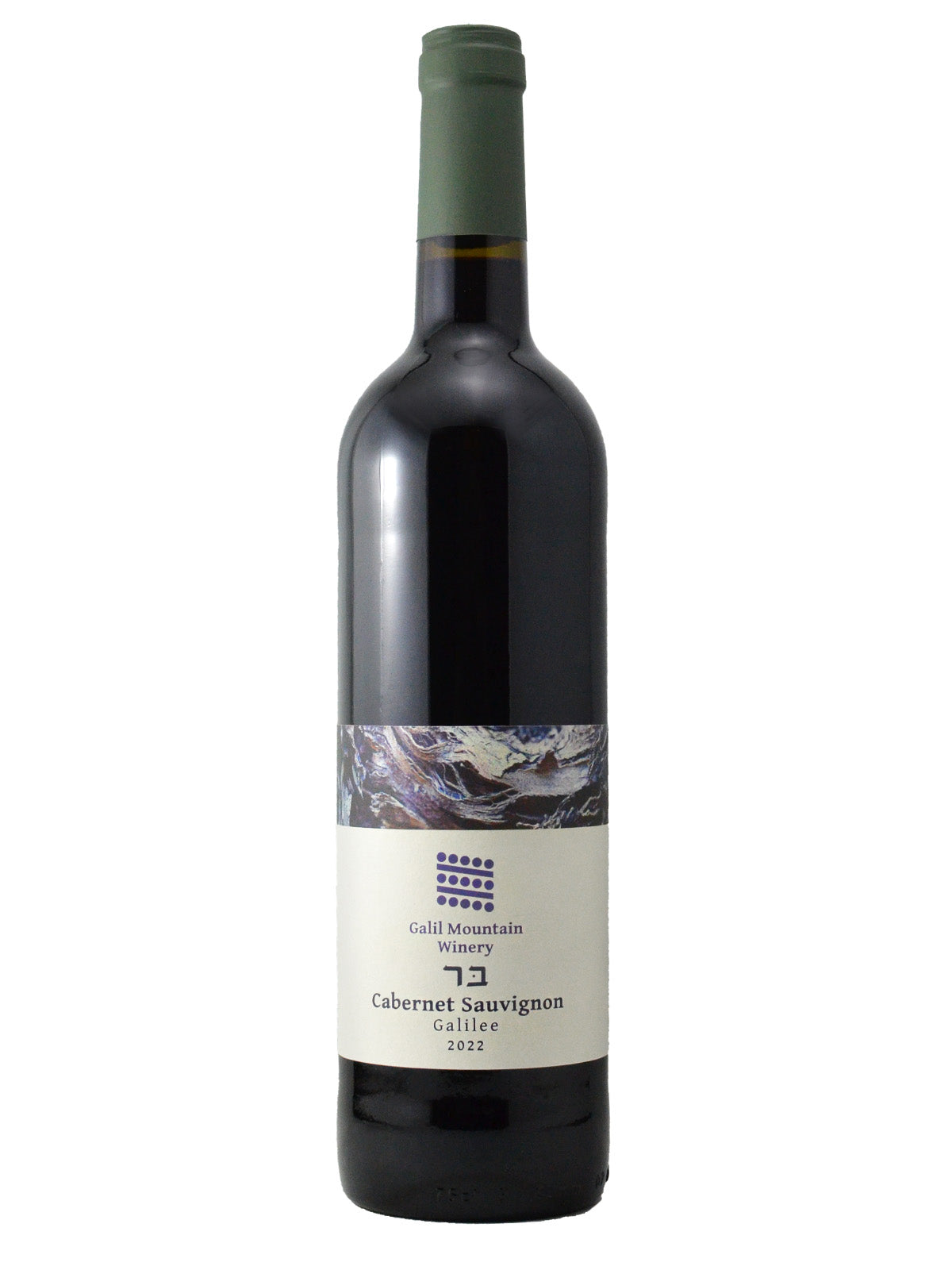 A bottle of Galil Mountain Cabernet Sauvignon wine with a label that includes the varietal name, region, (Galilee) and the vintage (2022). Green enclosure. All set against plain white background.