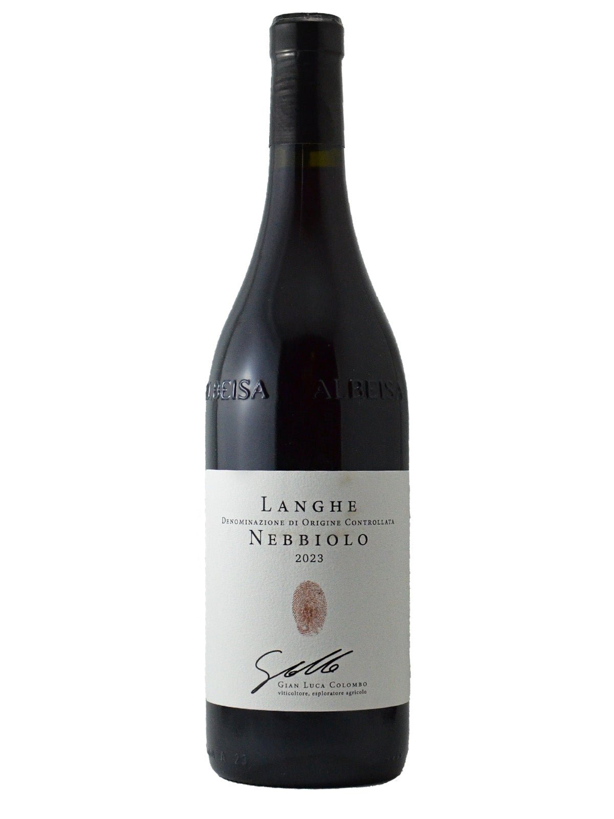 Gian Luca langhe Nebbiolo Wine bottle with white label against a white background