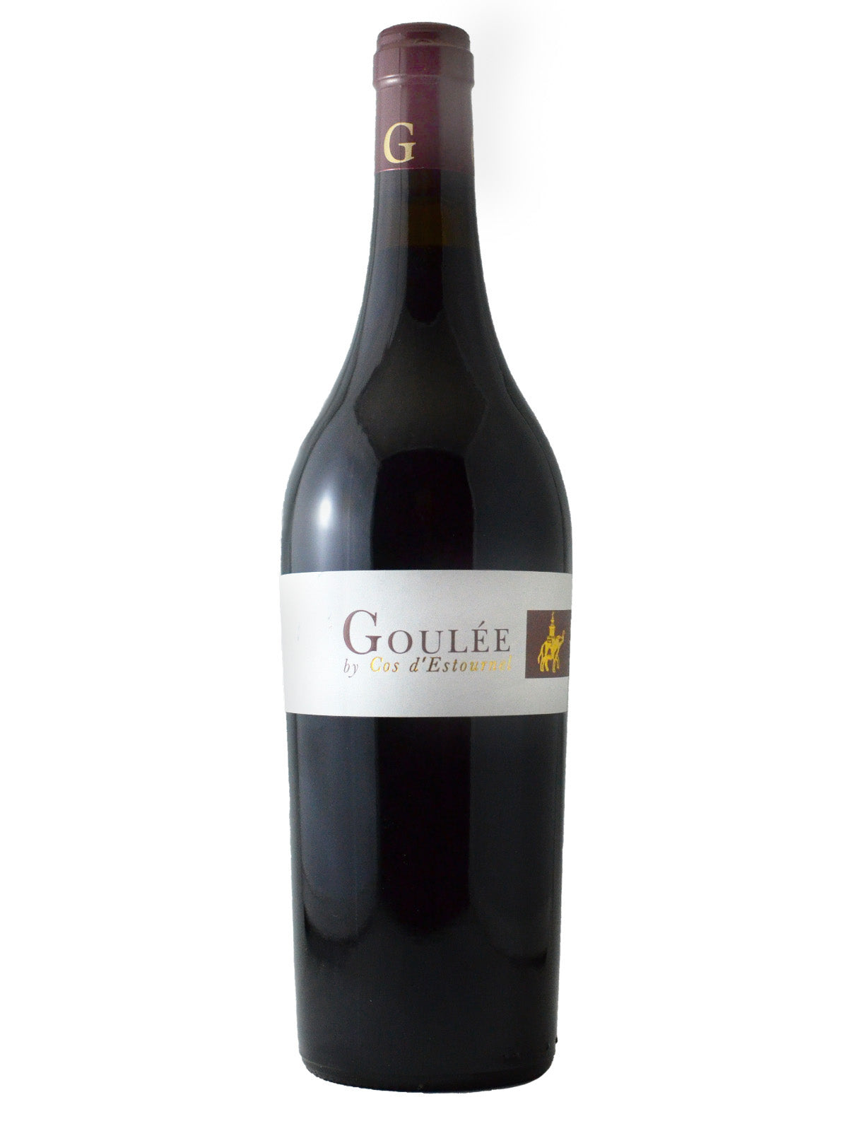 Red wine bottle - Goulee by Cos d'Estournel (G d'Estournel) Bordeaux - white label, purple enclosure, all set against white background.