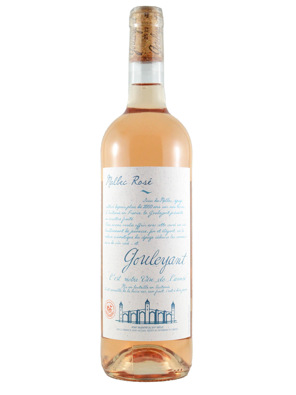 A bottle of Gouleyant Malbec Rose wine with a pink label and blue text, indicating it is a product from France. Cork visible through top of clear glass bottle. All set against white background.