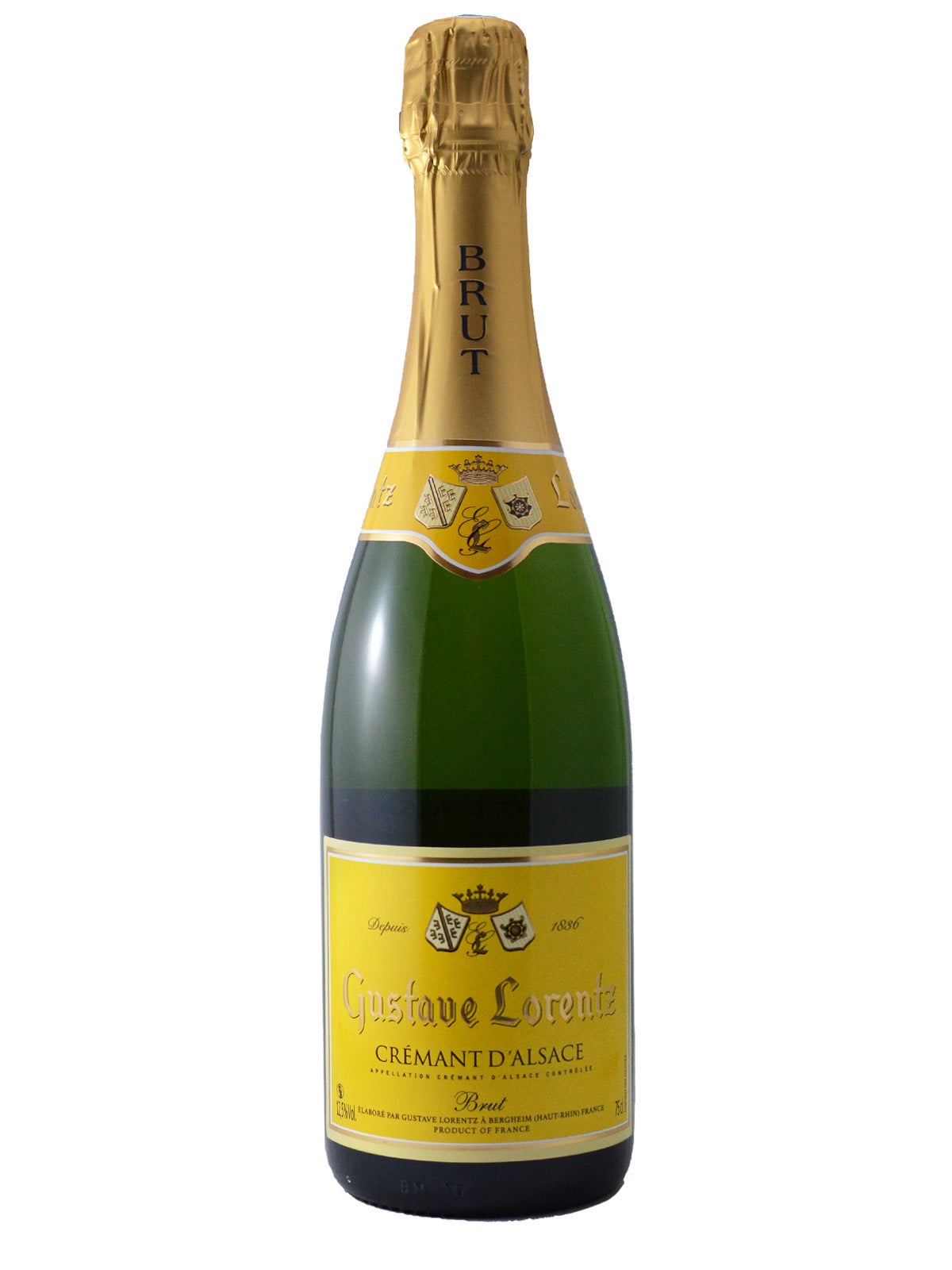 Bottle of Gustave Lorentz Cremant D'Alsace sparkling wine. Gold foil enclosure over traditional Champane-style cork, foil has the word 'BRUT' printed in vertical text. Yellow neck label with two coat-of-arms shields. Main wine label is yellow with same shields and reads wine name as above. Bottle is made of green glass. All set against white background.