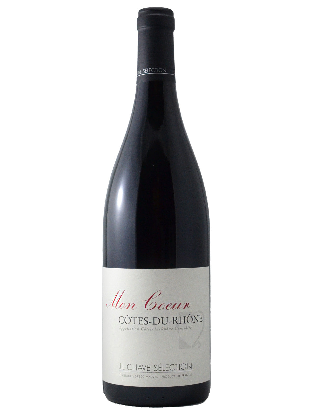 A bottle of J.L Chave Sélection Mon Coeur Côtes du Rhône wine with simple text on a white label. 'Mon Coeur' is in red script writing, 'Cotes-du-Rhone' and 'JL CHAVE SELECTION' in block capitals. Black enclosure. All set against plain white background.