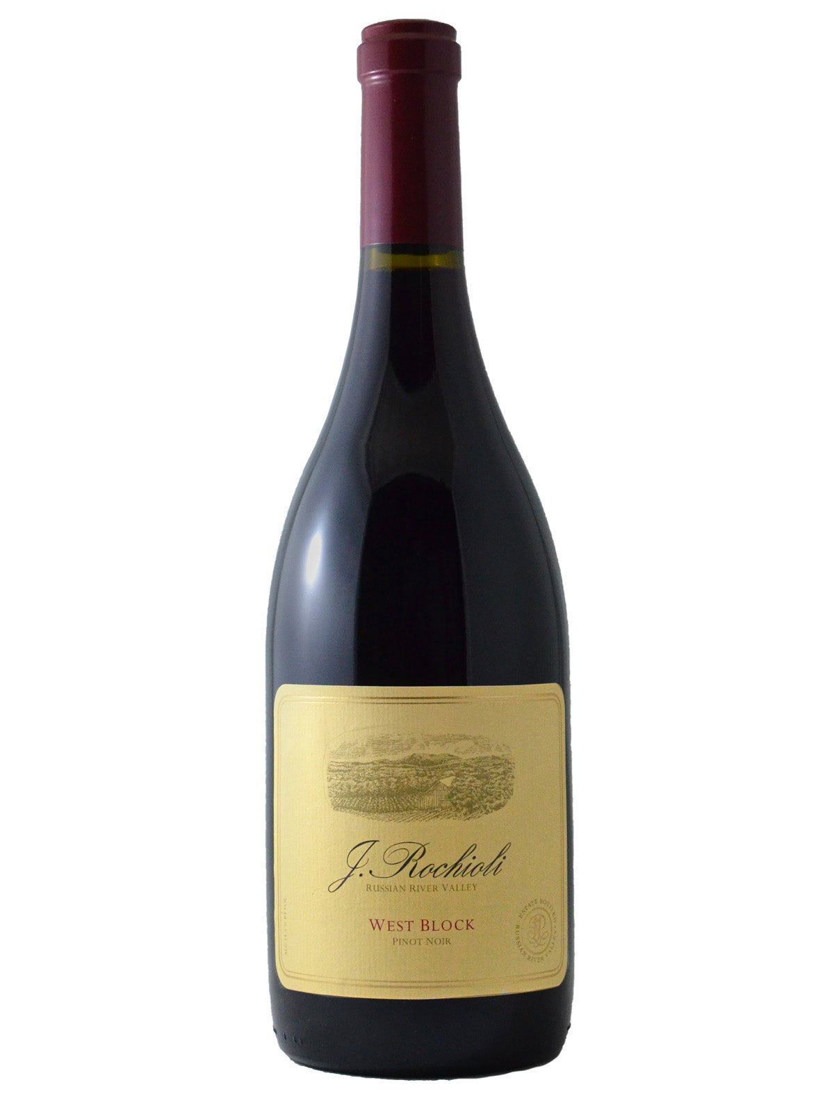A bottle of Rochioli West Block Pinot Noir 2006 wine with a label that includes the winery's name, the varietal, and the region 'Russian River Valley, Sonoma County, California, U.S.