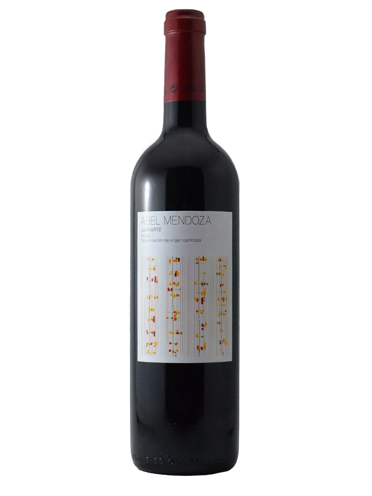 A bottle of Abel Mendoza Jarrarte Old Vine Rioja wine with a label that includes the brand name and some abstract artwork with red and yellow lines and dots. Red enclosure. All set against plain white background.