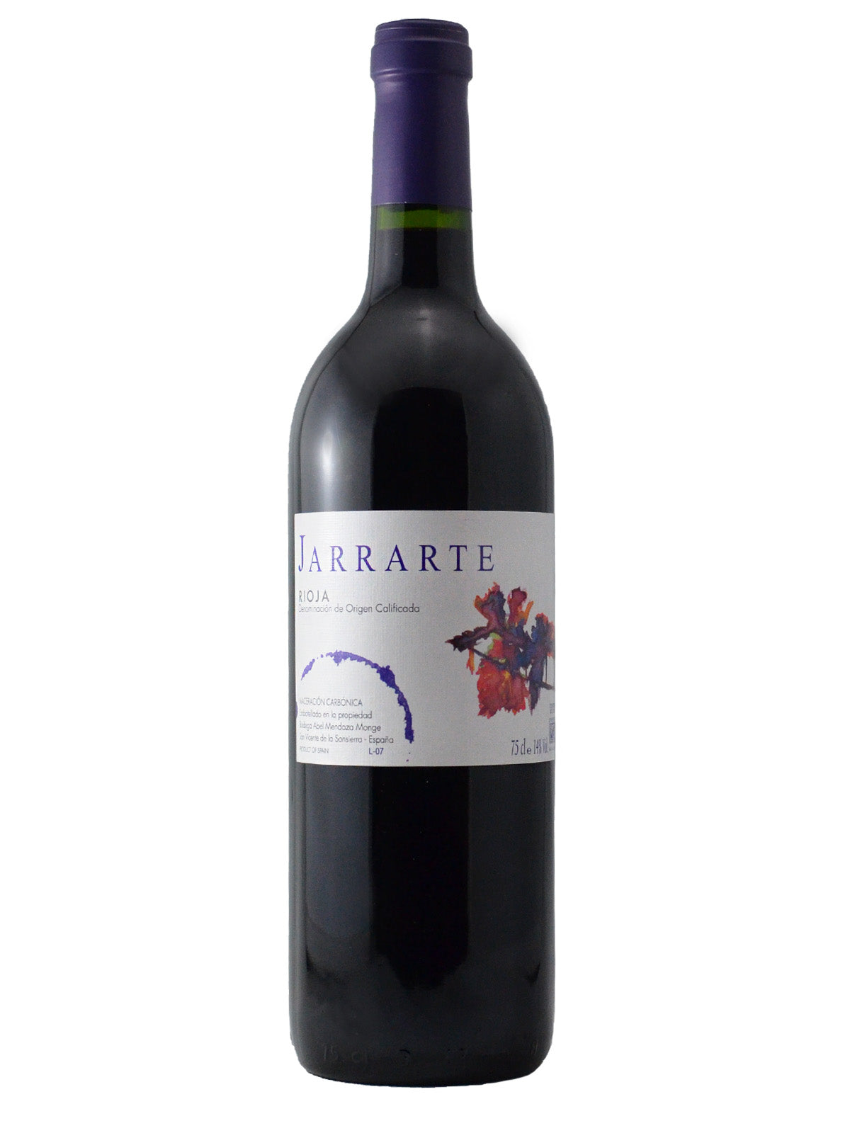 A bottle of Abel Mendoza Jarrarte Carbonic Rioja wine with a white label featuring the wine name and info and some abstract "paint stains". Purple enclosure. All against a plain white background.