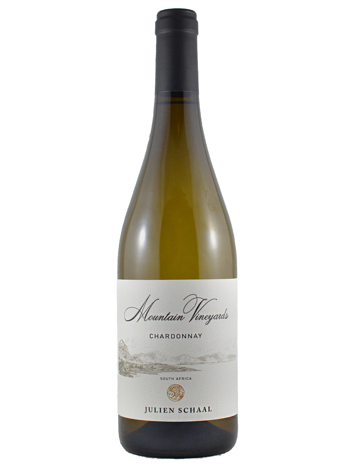 Wine bottle with 'Mountain Vineyards' label on a white background