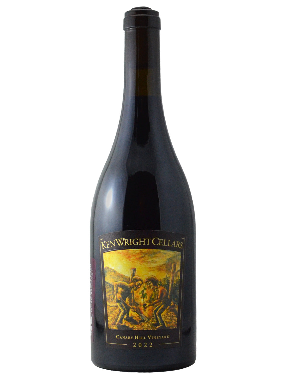 A bottle of Ken Wright 'Canary Hill Vineyard' Pinot Noir with an artistic label depicting a rural scene.