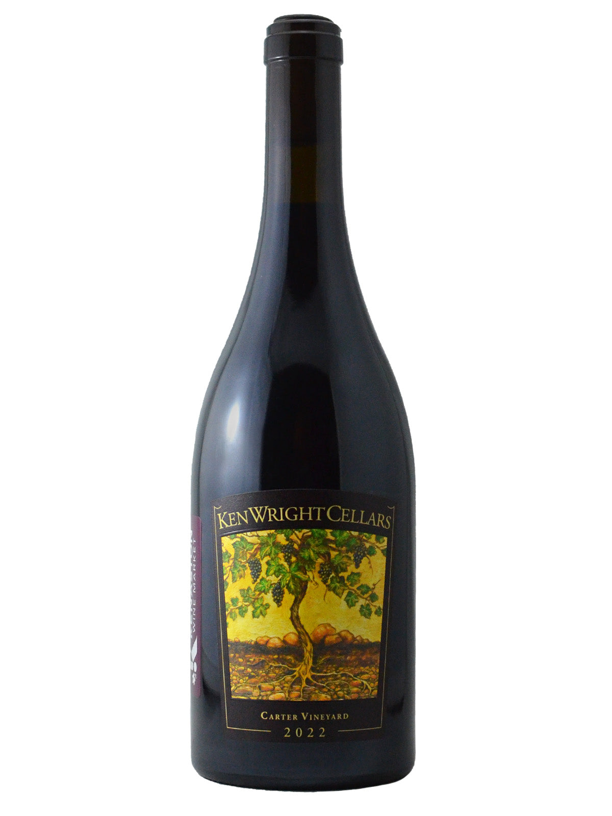A bottle of Ken Wright 'Carter Vineyard' Pinot Noir wine with a label that includes the vineyard's address and the year 2021.