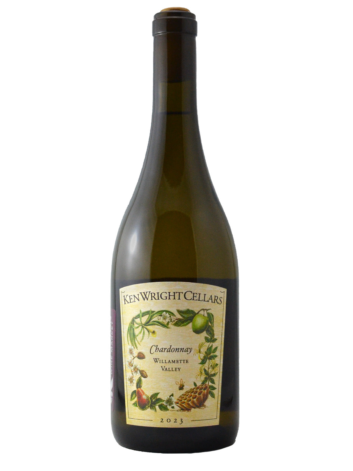 Bottle of Ken Wright Cellars Chardonnay from Willamette Valley in Oregon, vintage 2023. Tan label with plants/fruits bordering text.Bottle set against white background.