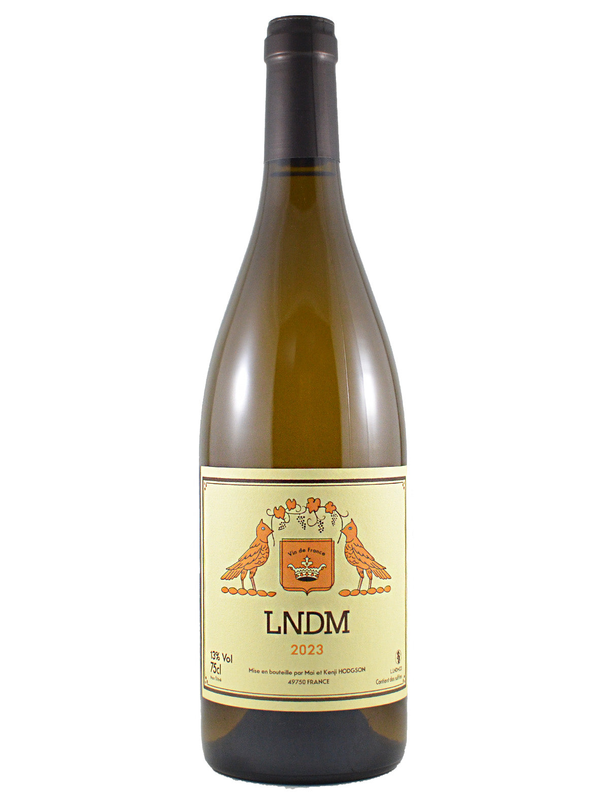 Wine bottle with a pale straw label featuring the brand 'LNDM' and an orange coat-of-arms flanked by simple drawn orange birds, the vintage (2023) and additional wine details. Dark grey/gunmetal capsule. All set against a white background.