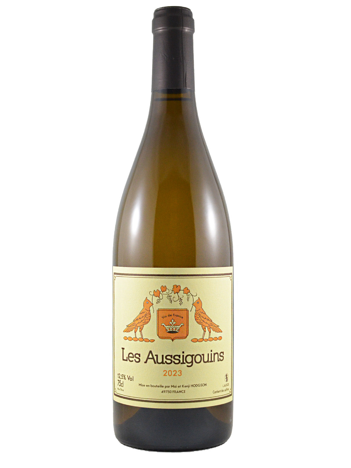 Wine bottle labeled 'Les Aussigouins 2023' on a white background. Has a coat-of-arms flanked by two simply drawn orange birds. Dark grey/gunmental capsule.