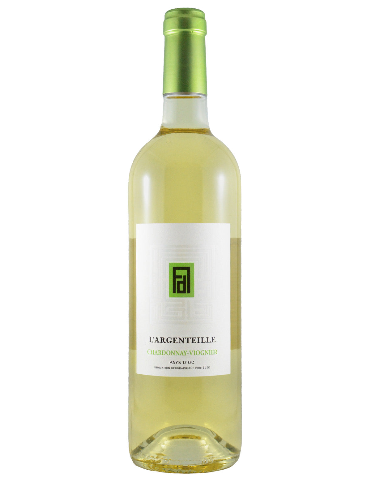 A bottle of Domaine de l'Argenteille Chardonnay Viognier Pays d'Oc white wine with a white label and a green enclosure.