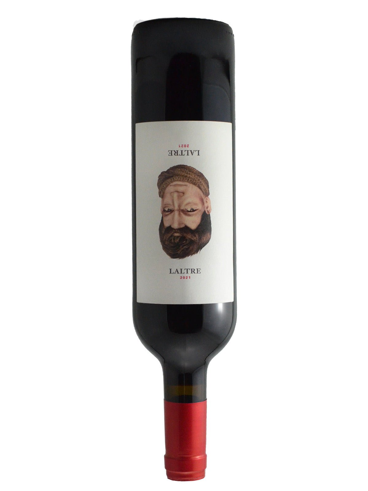 Upside down bottle of Lagravera Laltre red blend wine with a label featuring a man's face - the same face as nightside up but somehow a different face!
