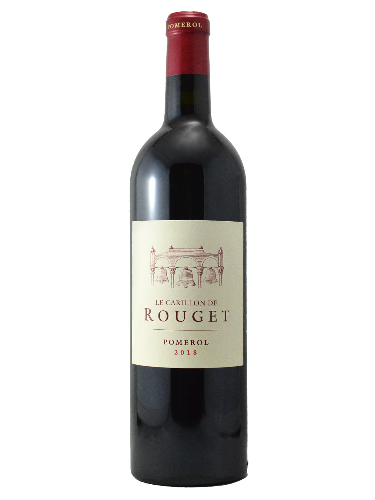 A bottle of Le Carillon de Rouget Pomerol 2018 wine with a label that includes the wine variety and the word 'Rouget'. Red enclosure. Set against plain white background.