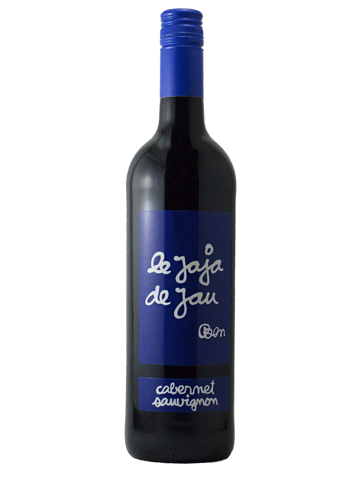 Le Jaja de Jau Cabernet Sauvignon Wine bottle with blue label on a white background