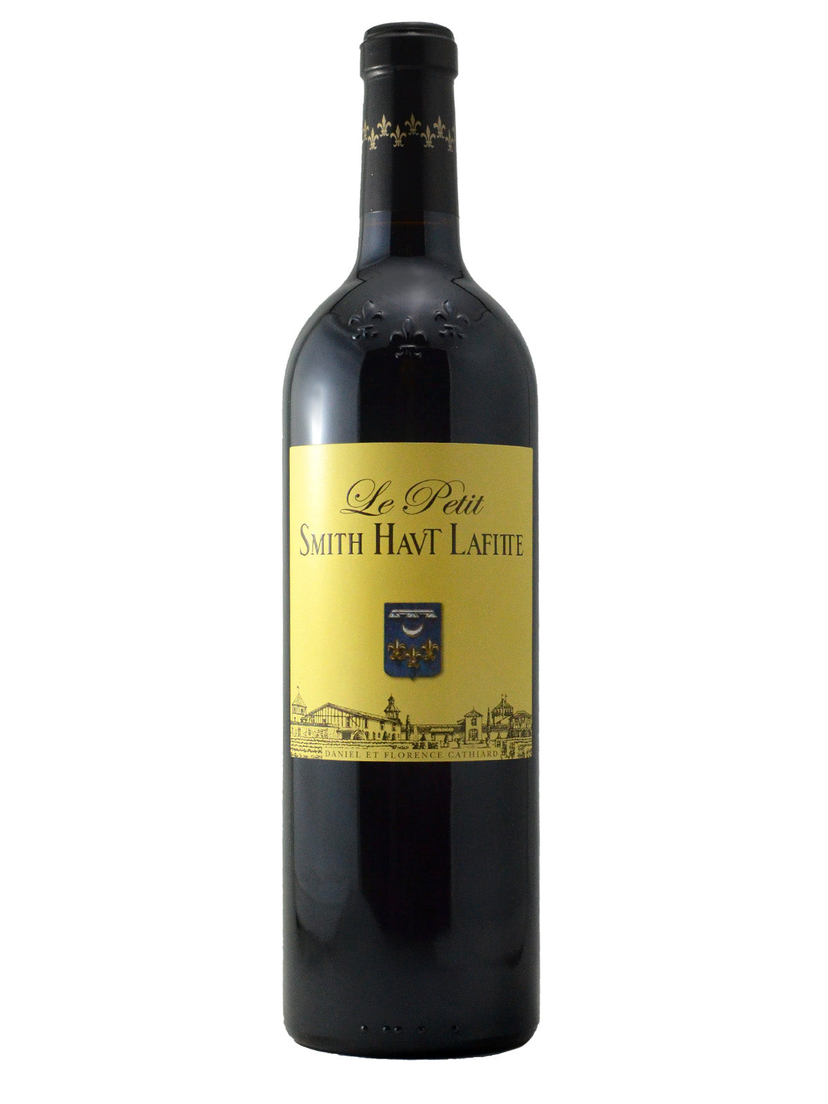 Bottle of Le Petit Smith Haut Lafitte 2020 wine with a yellow label that includes the name of the wine, the year, and a historical building as well as a shield with a coat-of-arms. Black enclosure with fleur-de-lis wrapped around. All set against plain white background.
