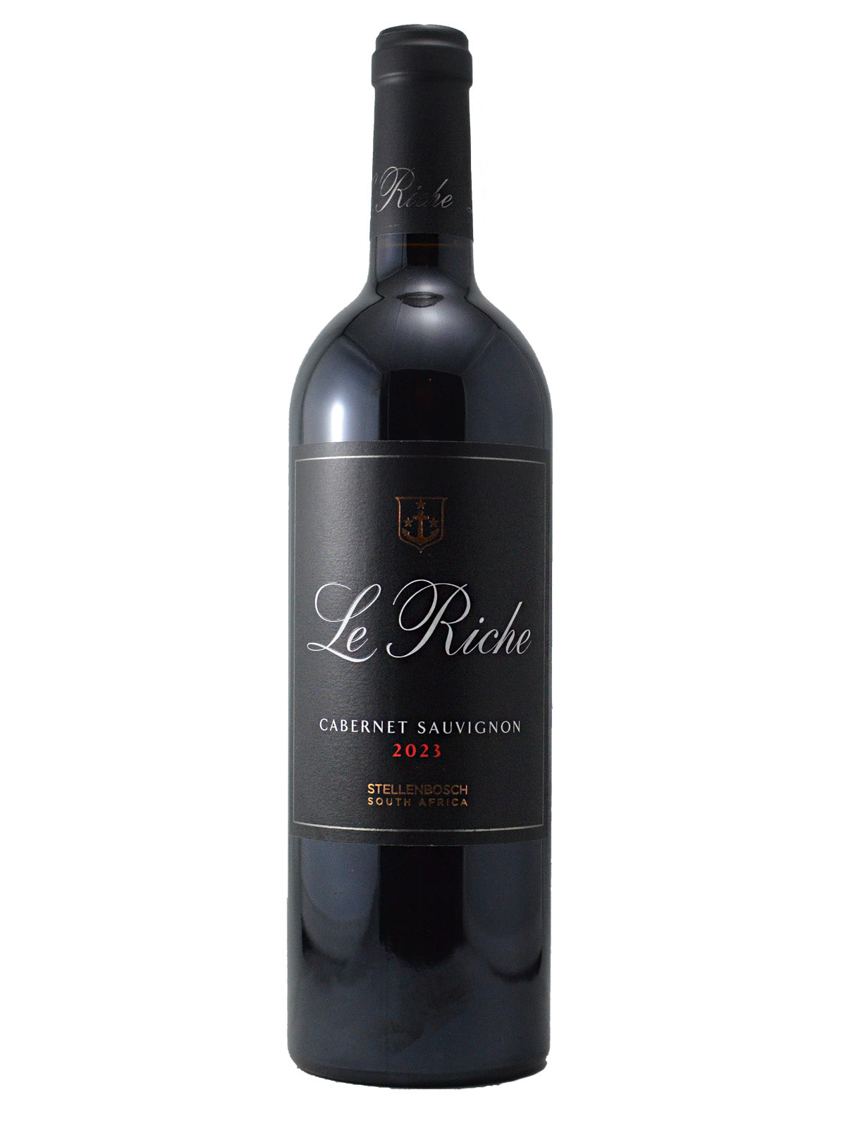 Wine bottle labeled 'Le Riche 2023 Stellenbosch' (white script/black label) on a white background